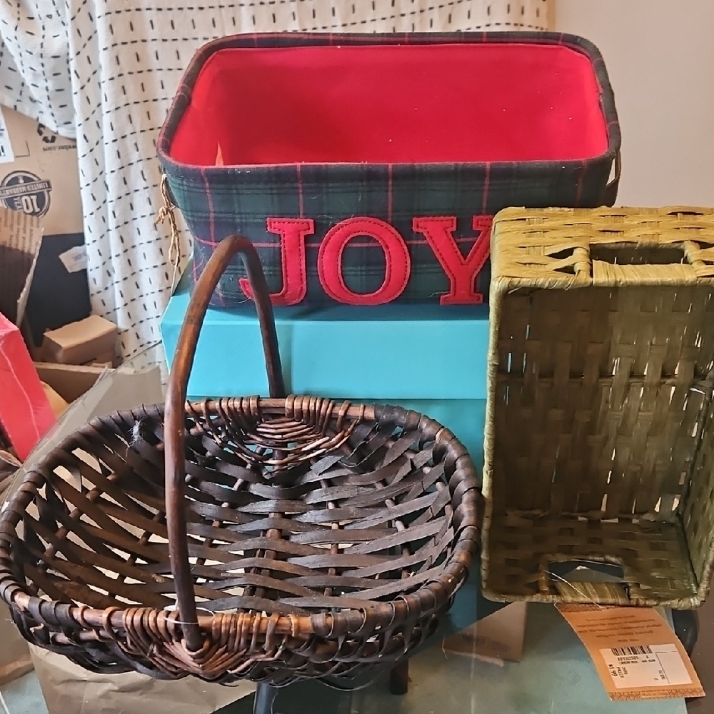 Collection of Three Decorative Baskets Plaid Fabric, Wicker, Raffia